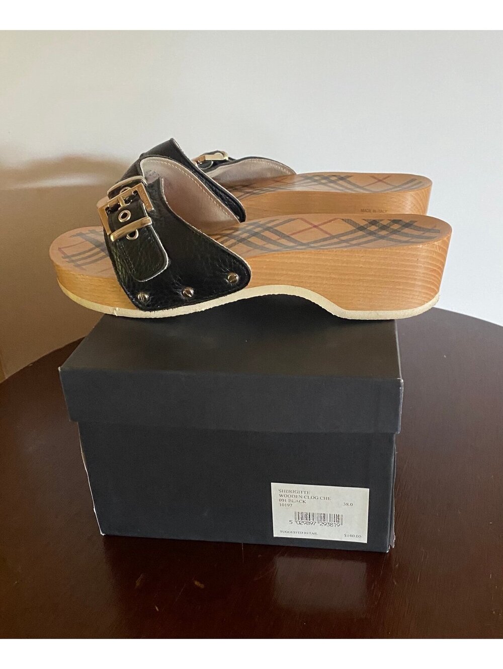 Burberry Nova Check Brigitte Wooden Clog Black Size 7.5